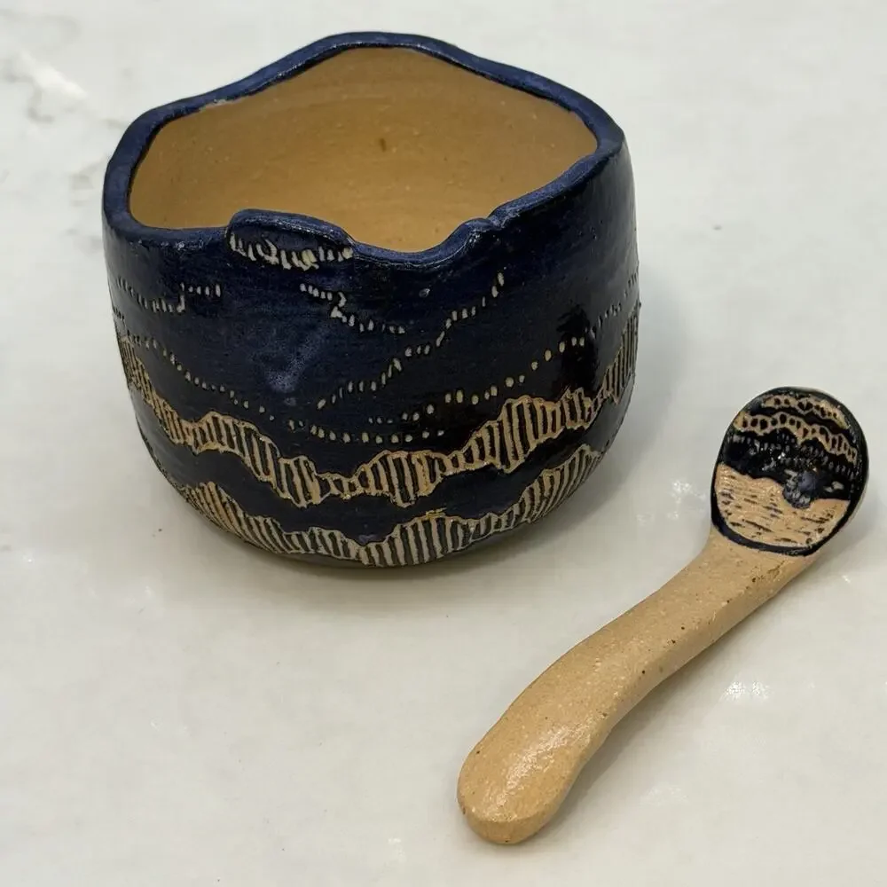 Sylvia Lawson NC Pottery Blue Sgrafitto Salt Cellar w Spoon Jar Pilot Mountain